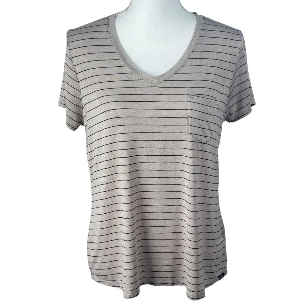 prAna Top L Beige Striped Modal Pocket Casual Minimalist Butter Soft Comfort - Picture 1 of 8